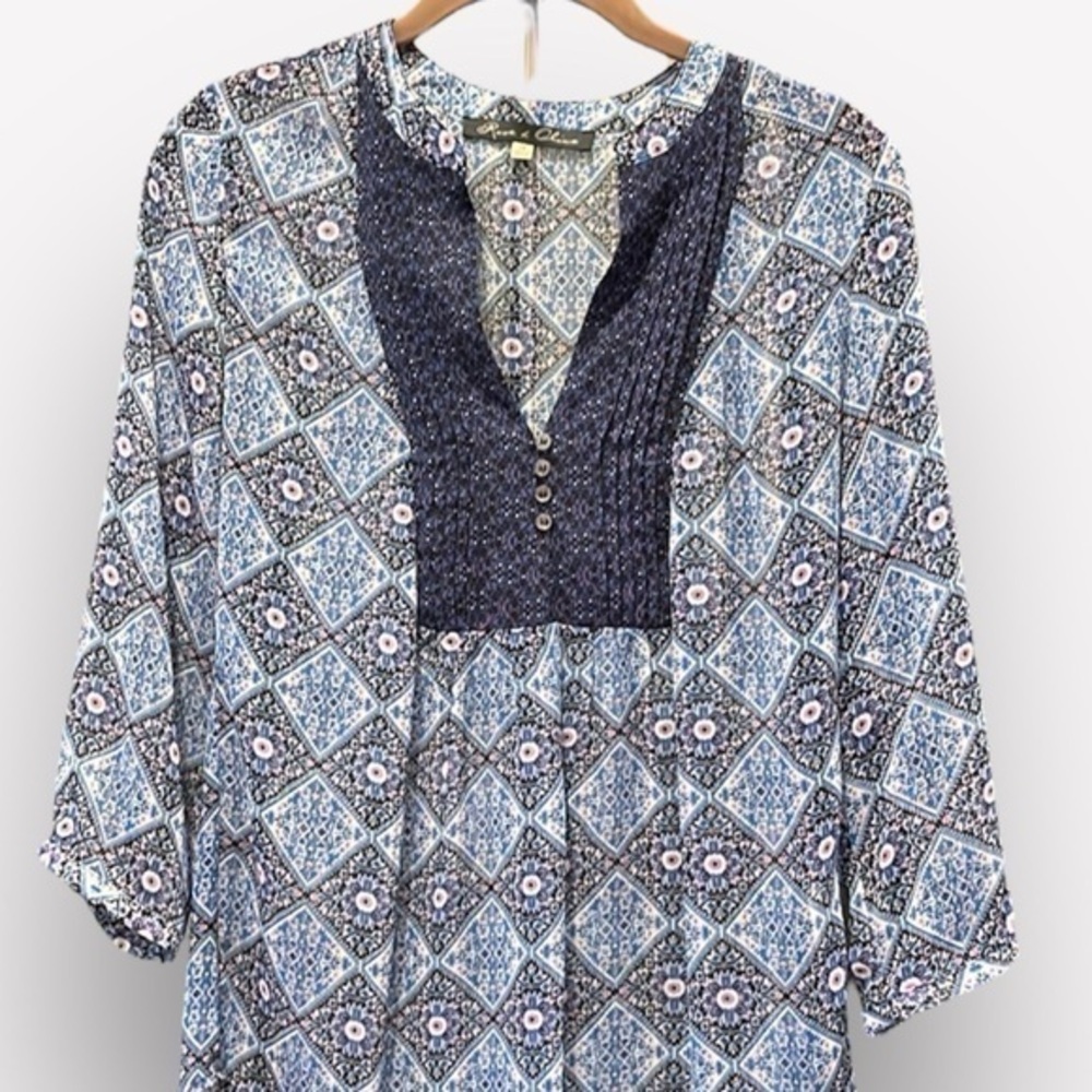🇪🇸🐠Rose & Olive boho top sheer floral pattern blue white pink XS BUDGET